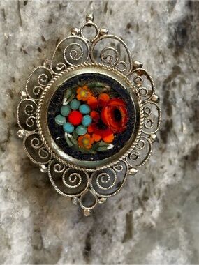 Vintage Italian Micro Mosaic Floral Brooch Pin | Silver Tone Filigree Frame